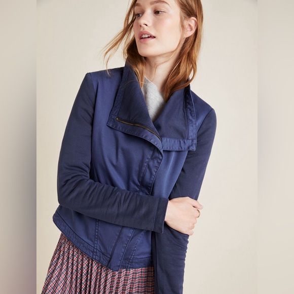 Anthropologie Marrakech Faravel Moto Jacket cotton size small navy blue - Picture 2 of 16